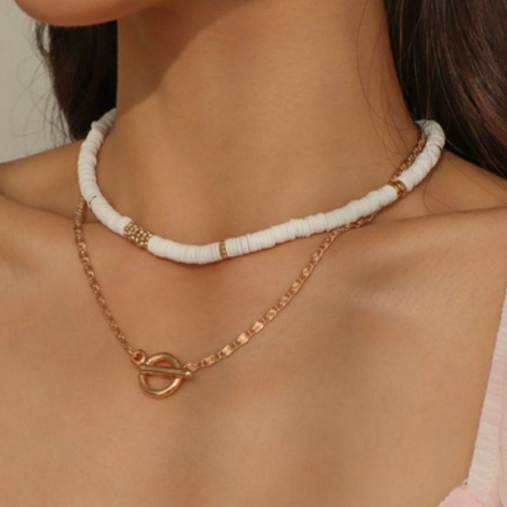 Faux Puka Bead Choker Necklace & Gold Tone Buckle Chain